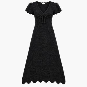 POL Black Textured Fuzzy Knit Maxi Dress Scalloped Hem